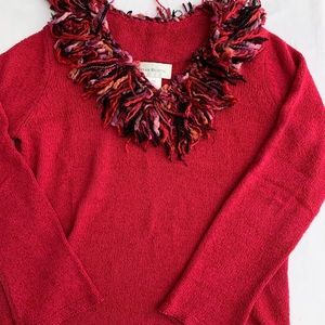 Susan Bristol red sweater with fun yarn collar detailing…